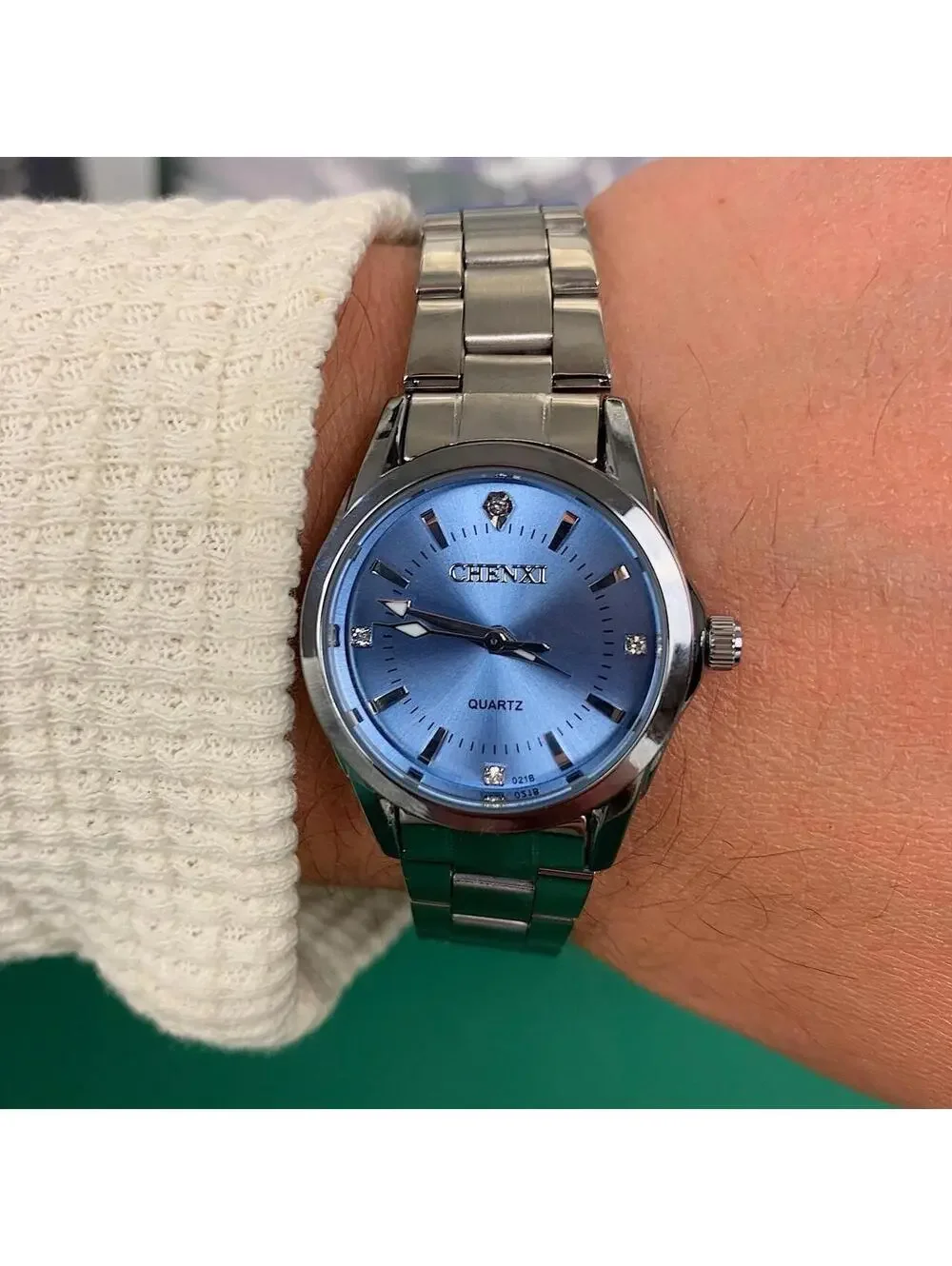 Silver Classy Quartz Round Light Blue Stainless Steel Watch. Stainless steel
